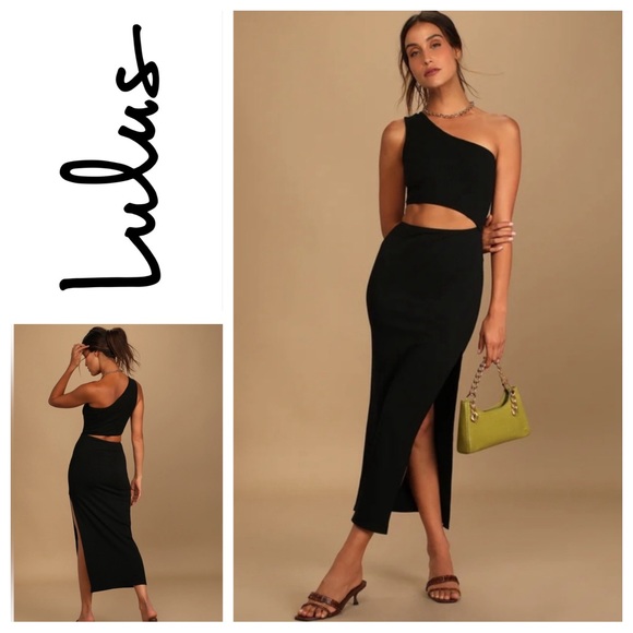 Lulus Dresses & Skirts - Spice Things Up Black Ribbed One-Shoulder Cutout Midi Dress Sz: XS
